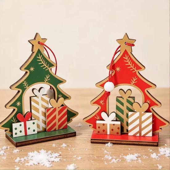 Wooden Christmas Tabletop Decorations Tree Decoration, Winter Xmas Gift Box Tiered Decorative Figurines for Home Tray Centerpiece, Rustic Table