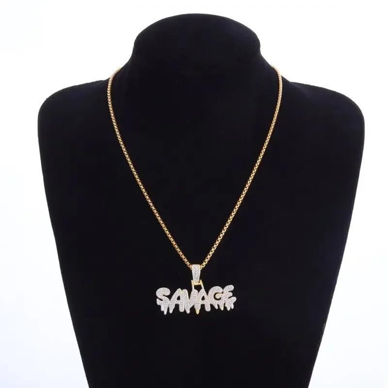 Hip Hop Ice Out Alphabet Savage Pendant Necklace Cool Men Women Hip Hop Rock Rap Jewelry Gifts