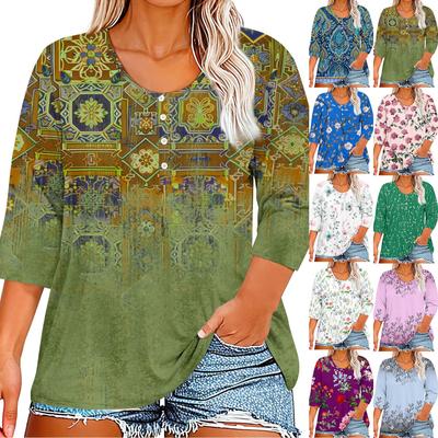 3/4 Sleeve Shirts For Women Print Graphic Tees Button V-neck Blouses Casual Plus Size Basic Tops Pullover
