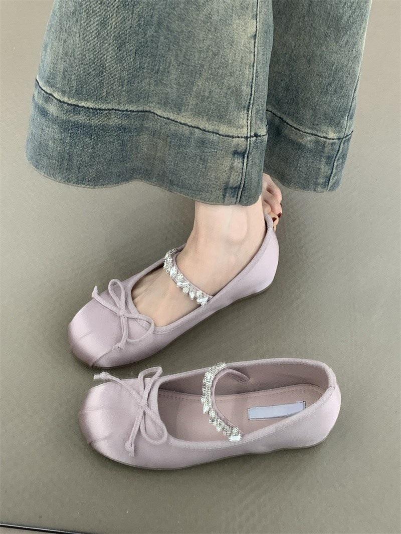 

Небольшое увеличение внутренней высоты, туфли Мэри Джейн 2025, новые французские нежные атласные балетки со стразами в стиле феи 39 светло-фиолетовый