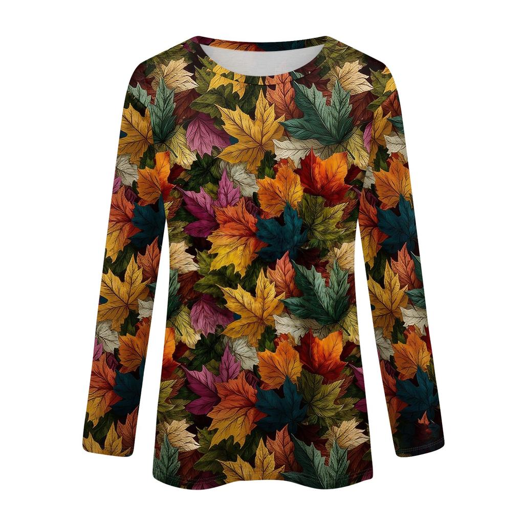 Women's Long Sleeve Neck Pullover Top with Leaf Print for Casual Daily Wear