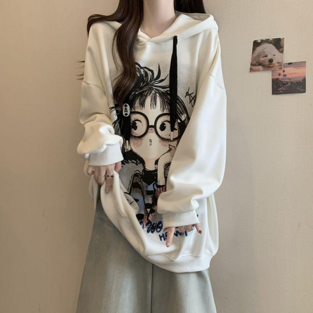 Women's Plus Size Printed Fleece Hooded Sweatshirt: Autumn/Winter Slimming Cover-Up with Fleece Lining