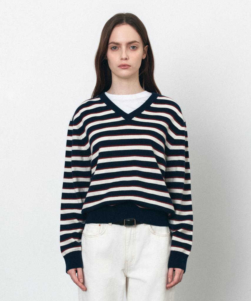 Siyajyu Sikn2174 Multi-Stripe V-Neck Knit_Navy