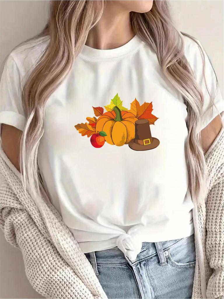 WomenS Thanksgiving Costume Pumpkin Hat Print Short Sleeve  Neck with Pumpkin Casual Thanksgiving Harajuku Sleeve Casual