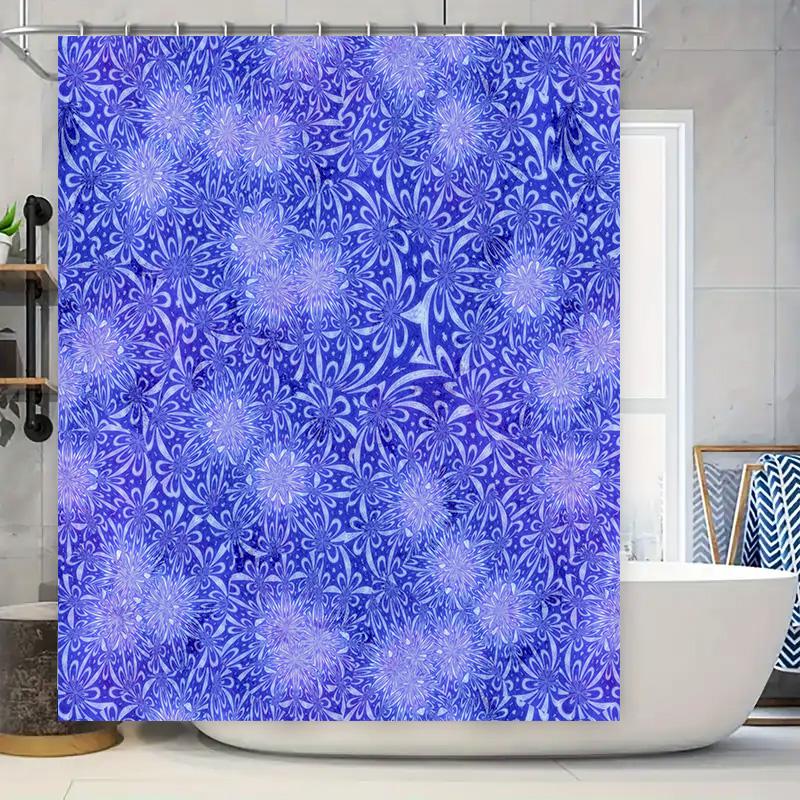 

Modern Floral Shower Curtain Blue Purple Mandala Pattern Bathroom Decor Polyester Fabric Waterproof Bath Mat Cover Set Size 72 X W60H190(CM)-1 Pcs