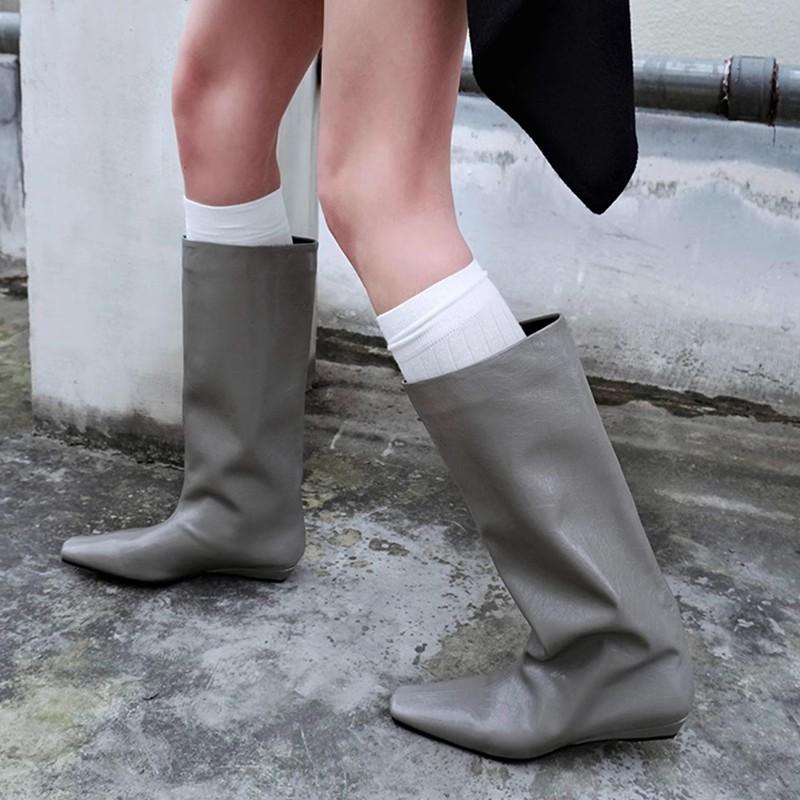 Rindslederversion~ Herbst und Winter neue koreanische Version einfache quadratische Zehe vielseitiges Temperament niedriger Absatz Ritterstiefel Damen Schaft mittelhoher Stiefel