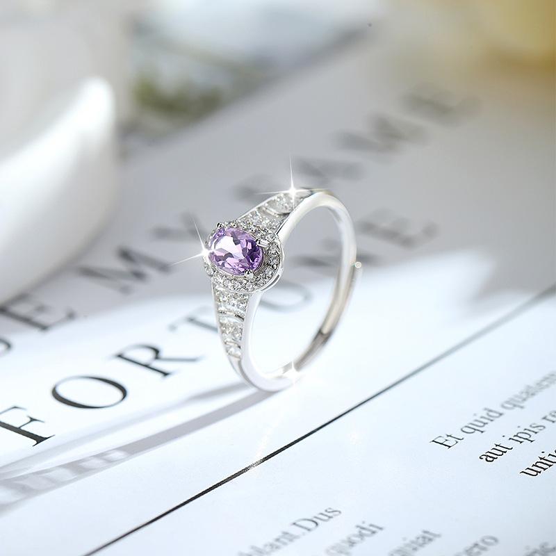 S925 Silver Natural Stone Open Ring, Amethyst/Citrine, Korean Style Daily Jewelry Gift for Women