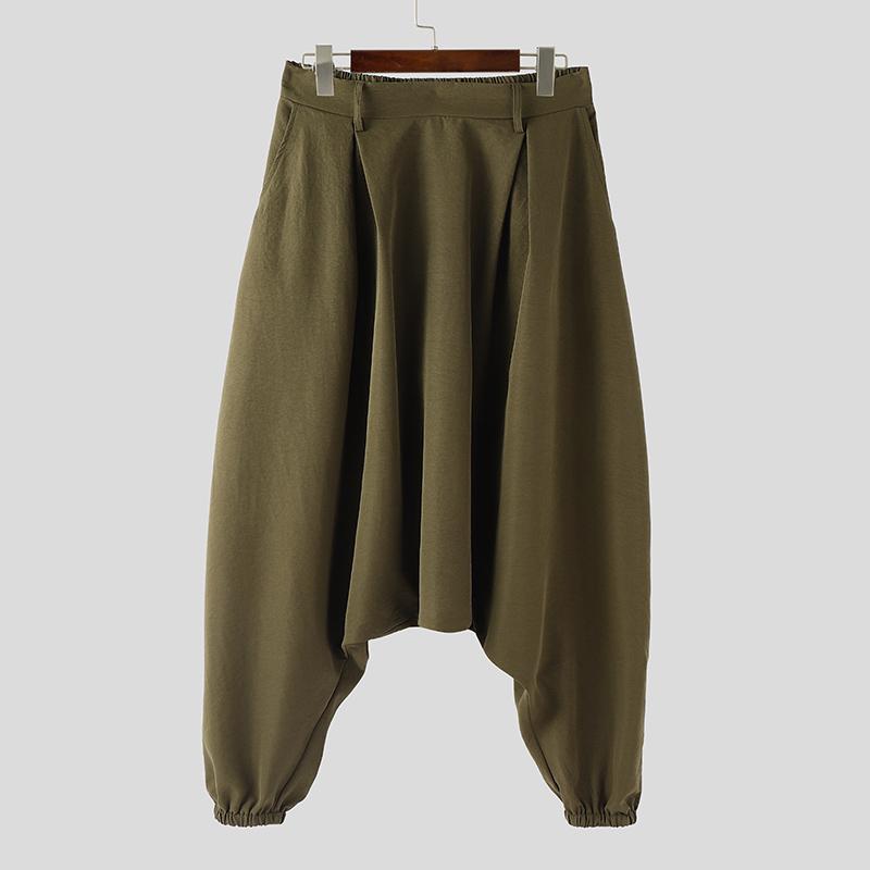 INCERUN Men Elastic Waist Casual Long Drop-crotch Pants Side Rivet Trousers