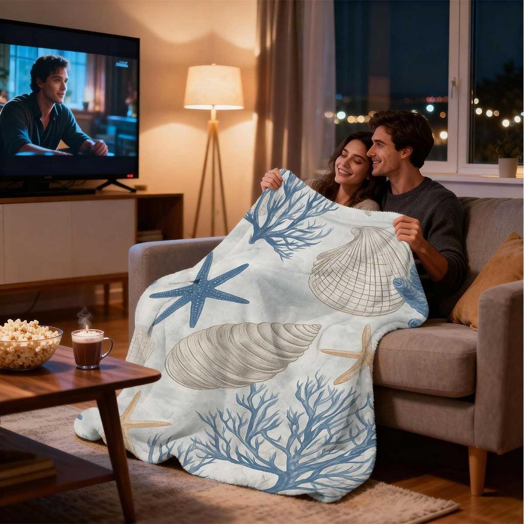 Küsten Marinebeige Meeresflucht Decke, Seestern Muschel Muster Luxus Flanell für Sofa Wohnzimmer Strand Komfort
