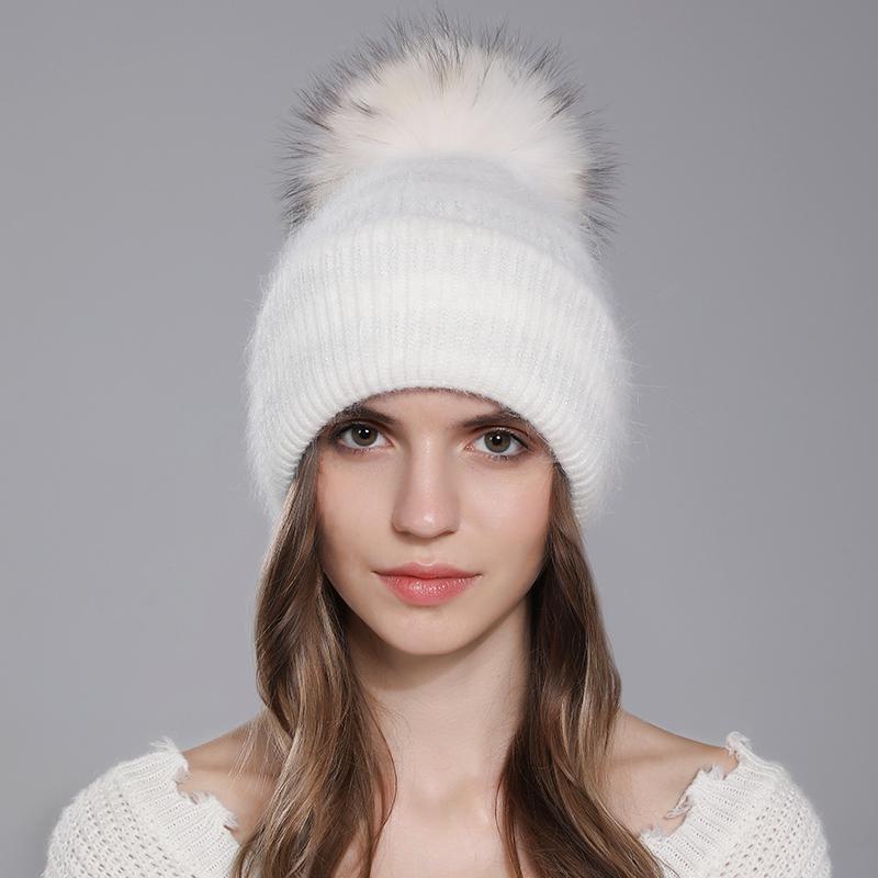 Hat For Women Angora Rabbit Fur Beanies With Natural Raccoon Fur Pompom Hats Winter Knitted Warm Silver Wire Female Cap