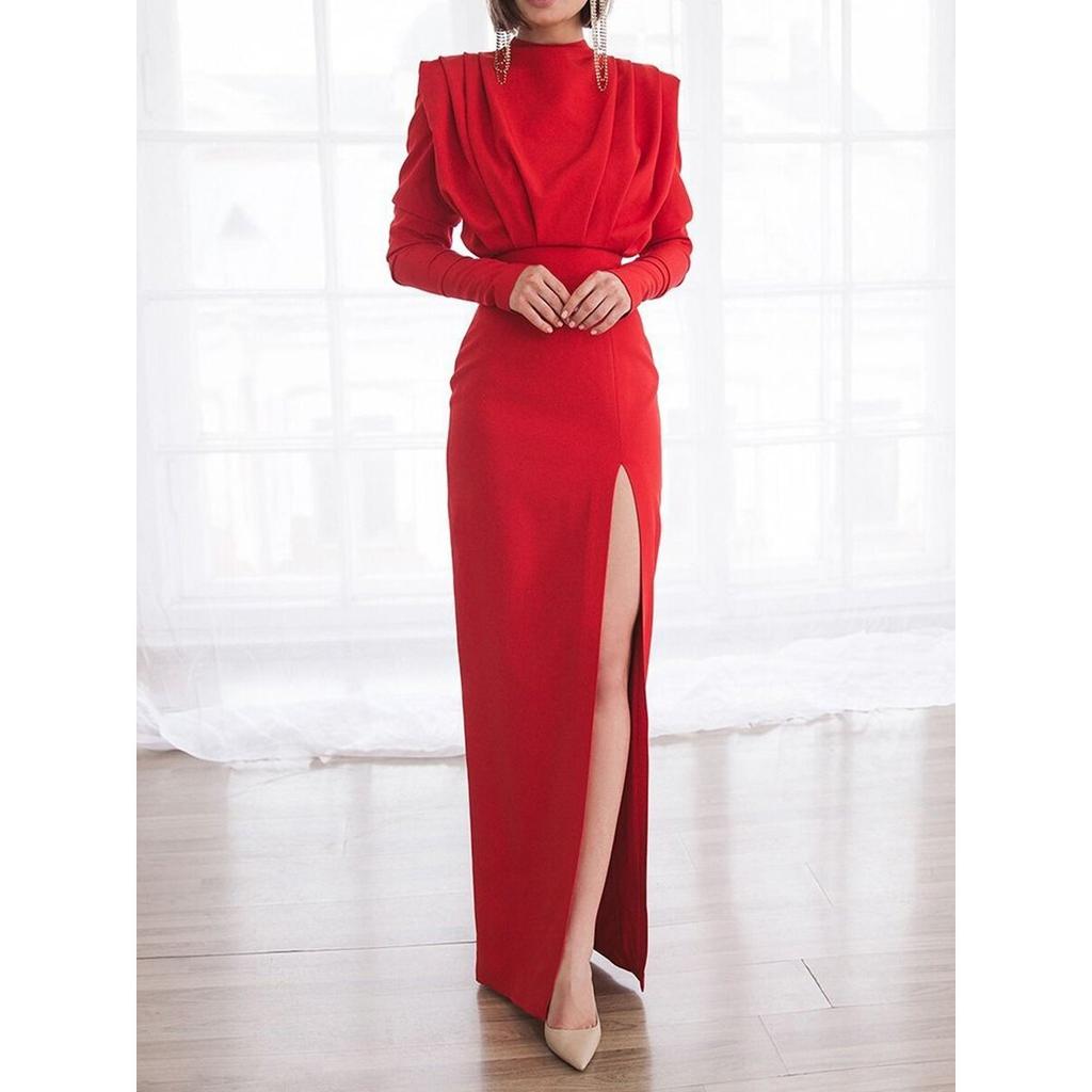Frühling Sommer Damen Modekleid, Europäischer Amerikanischer Stil Hoher Kragen Schlitz Langes Maxikleid, Freizeitkleidung