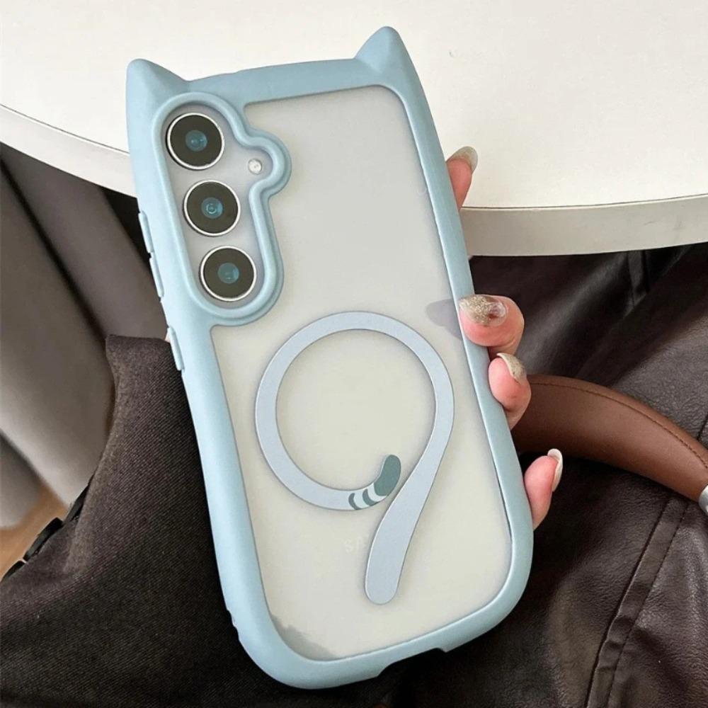 Süßes Katzenohr für Magsafe Hülle Für Samsung Galaxy S25 S24 S23 Ultra Plus Transparente PC TPU Magnetische Abdeckung Kabelloses Ladegehäuse