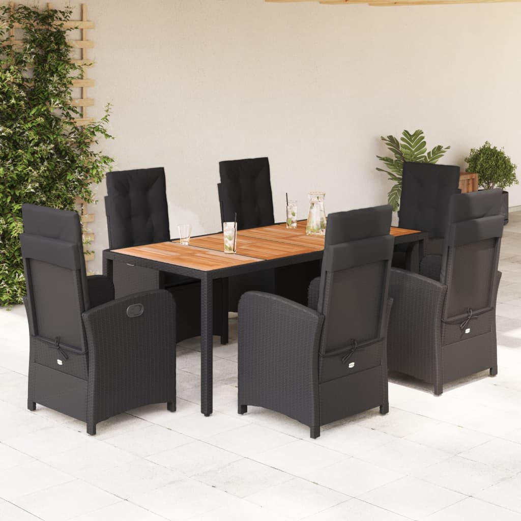 7 Piece Outdoor Dining Set with Cushions Black PE Rattan