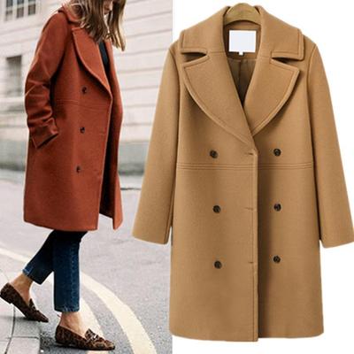 European & American Large Size Women's Double-Breasted Woolen Coat, Medium-Length Trench for Autumn & Winter