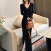 Elegant V-Neck Knit Midi Dress Women Slim Fit Long Sleeve Wrap Front Button Up Winter Office Wear
