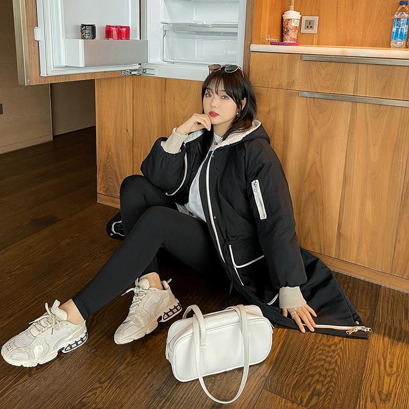 Autumn and Winter Plus Size Women's Korean Style Hooded Jacket Over the Knee Long Cotton Jacket
