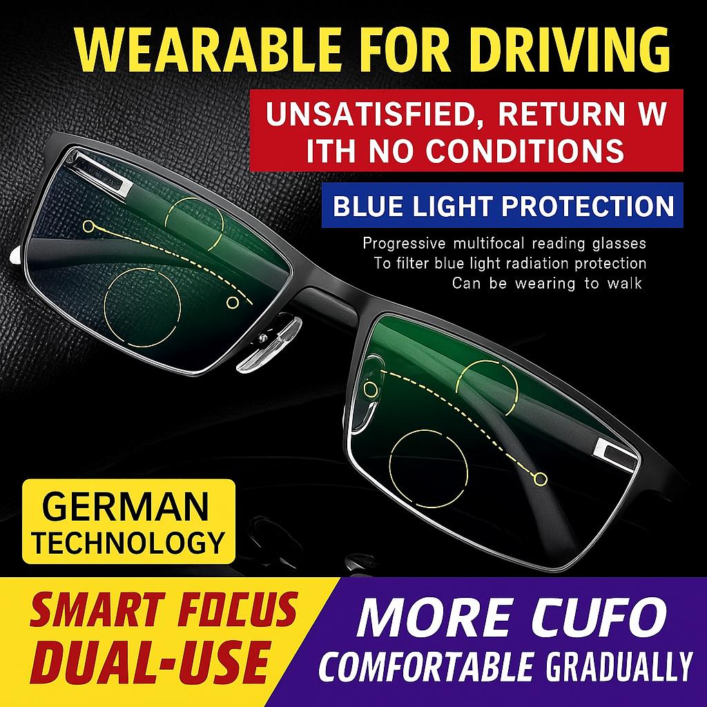 1pc Men Half Frame Rectangular Reading Glasses Metal Frame 3 In 1 Presbyopic Glasses Lightweight Anti-Blue Far and Near Dual-Use