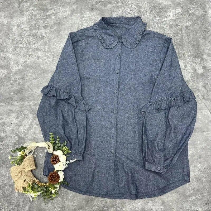 Johnature Japanese Mori Women Lace Doll Collar Long Sleeve Shirt Autumn Loose Vintage Tops