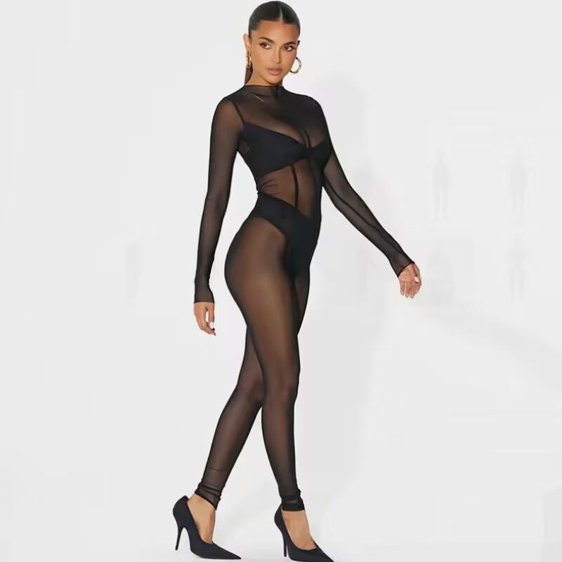 2024 Summer Sexy See-Through Mesh Jumpsuit - European & American Long-Sleeved Style