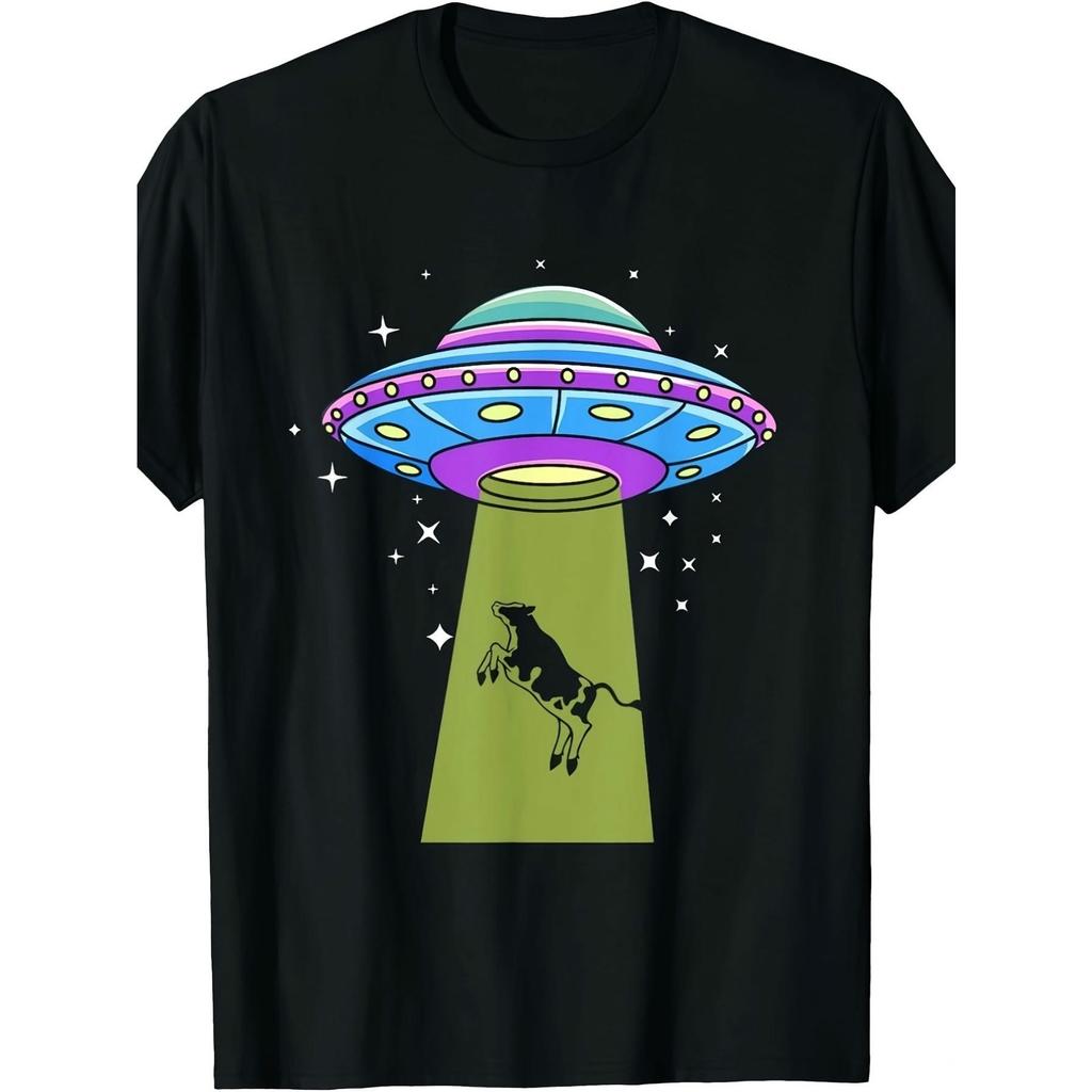 UFO Abducting Cow Graphic Tee Retro Alien Spaceship Print Black Short Sleeve Casual T-Shirt - Men's Summer Cotton Graphic Tee