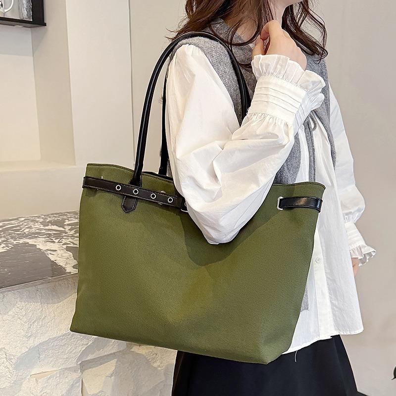 Simple canvas tote bag large capacity belt buckle lazy style casual splicing contrasting color portable shoulder bag