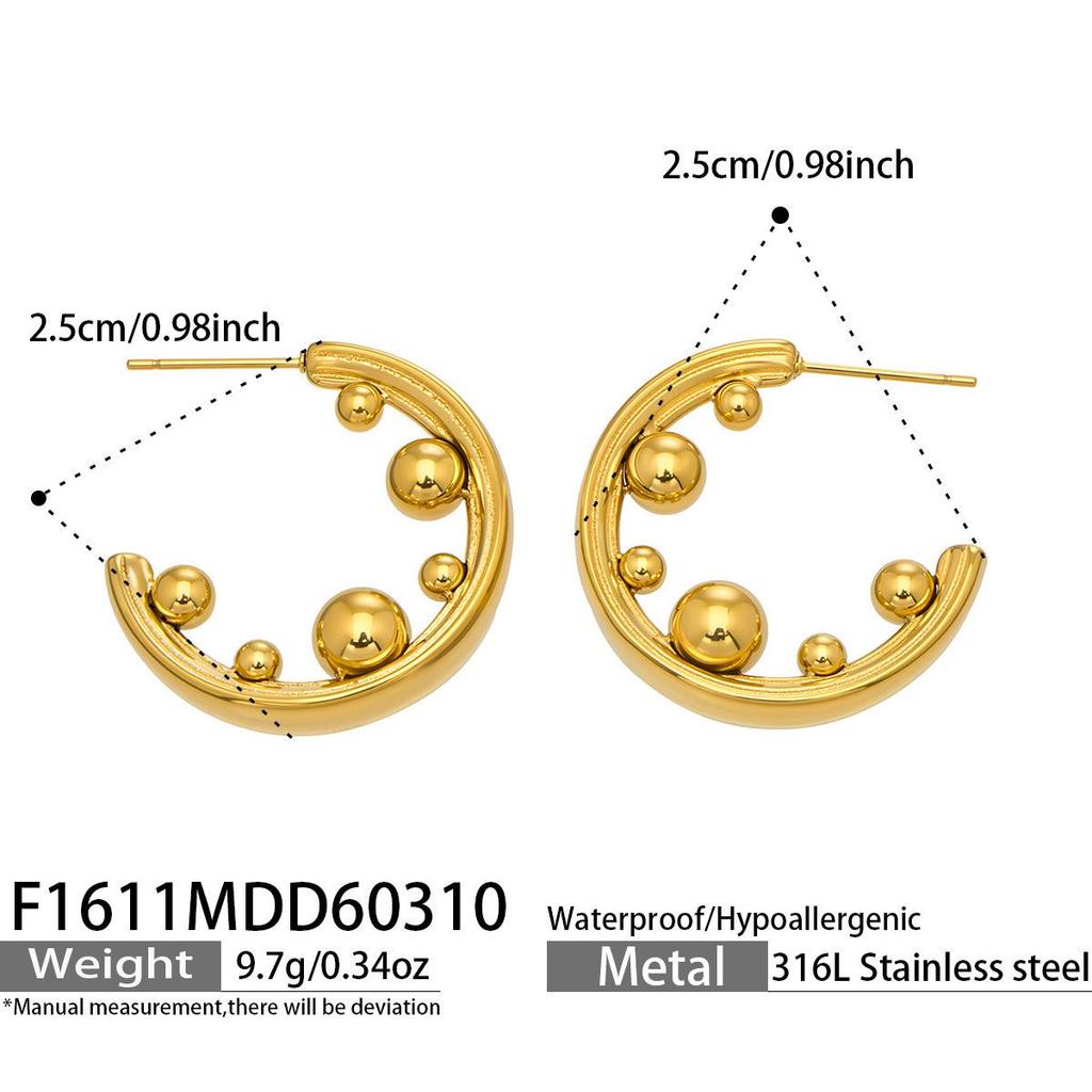 C-Shaped Gold Bead Earrings: European and American Design, Stainless Steel, Thick Gold Plating.