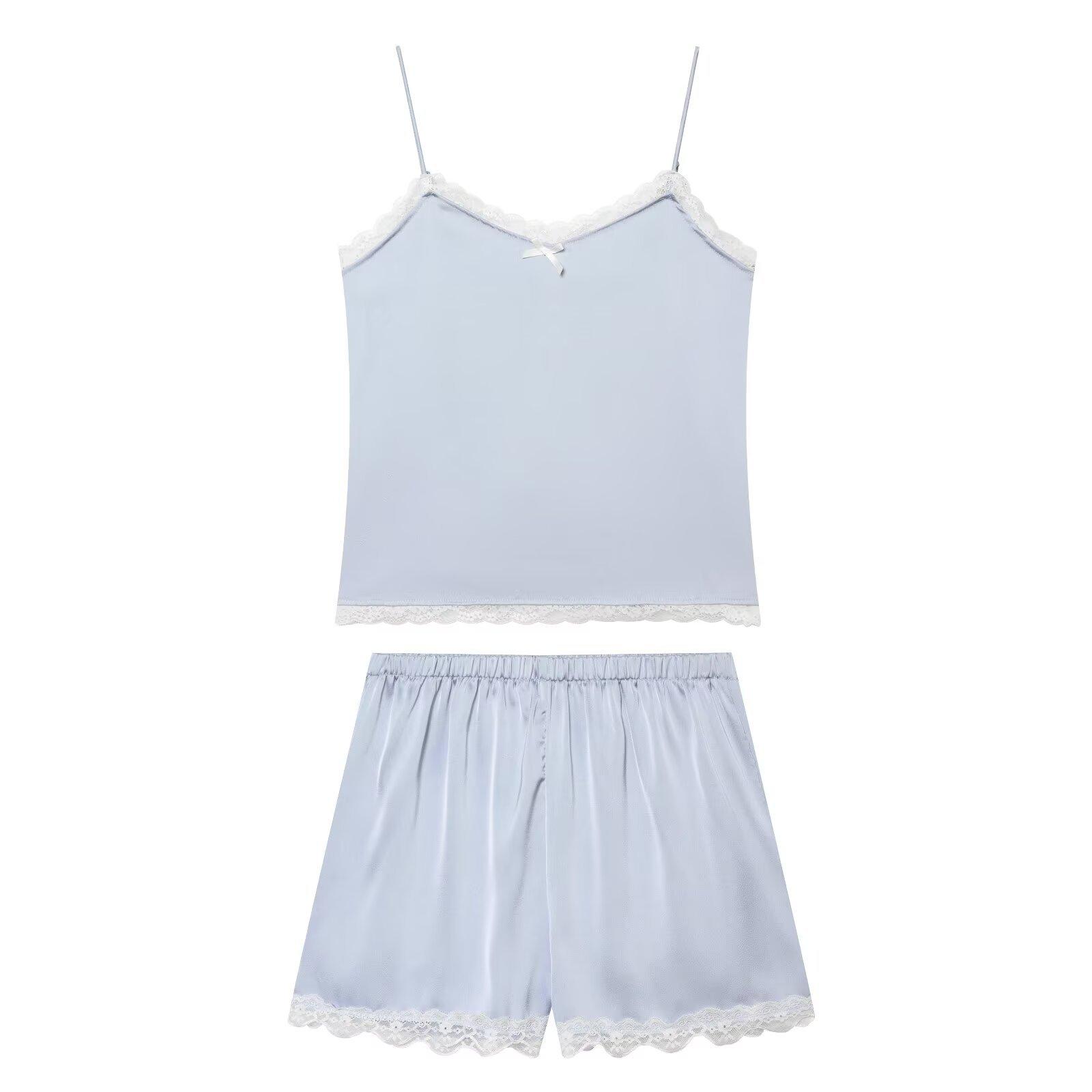 European and American style new women s fashionable French satin lace camisole shorts set S