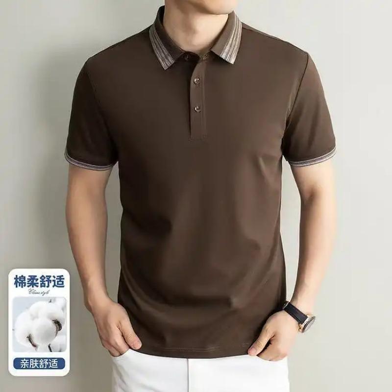 Men s White Stripe Contrast Rib Collar Short Sleeve Cotton Polo Shirt M коричневый