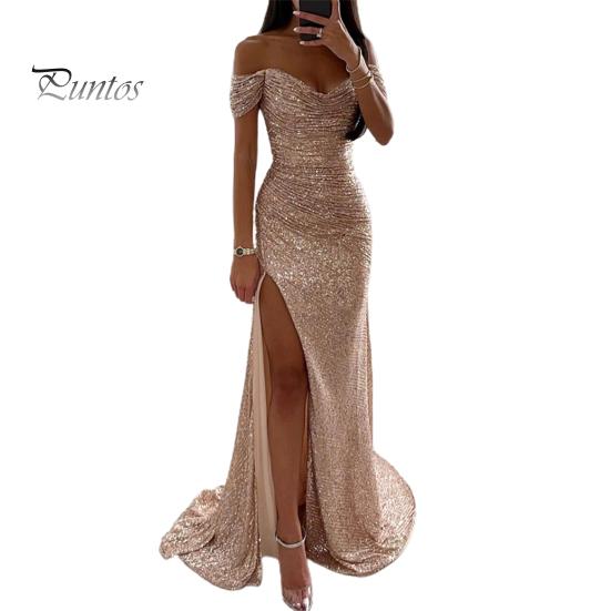 Třpytivé plisované šaty Elegantní výstřih do V Odhalená ramena Maxi Krátký rukáv Detail pasu Dlouhé Úzké Večerní párty Maturitní Ples Štíhlé Sexy Rozparek Jednobarevné Odhalená ramena