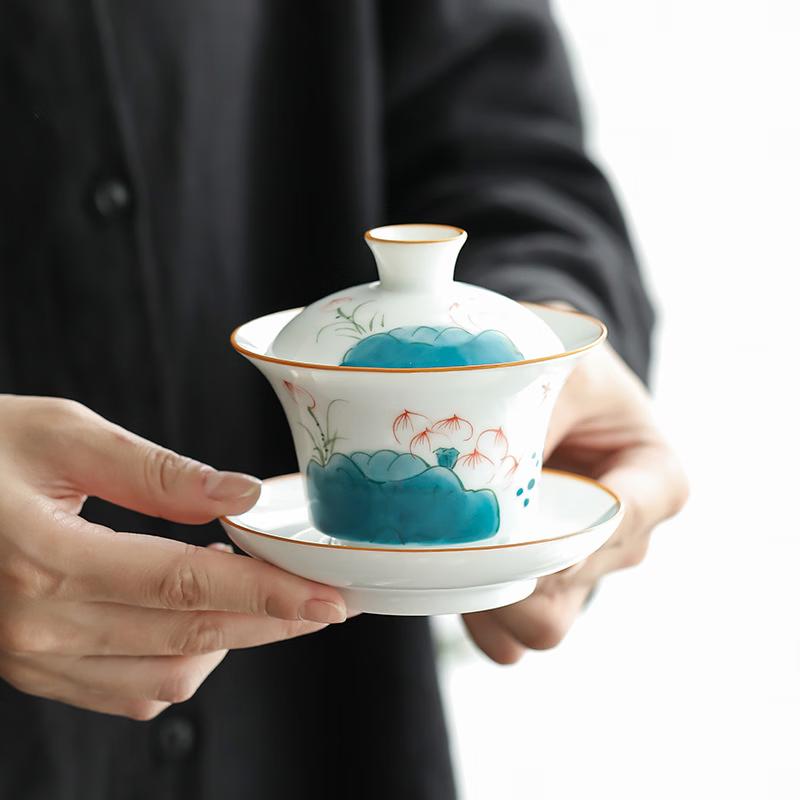 Hand-painted White Porcelain Sancai Gaiwan