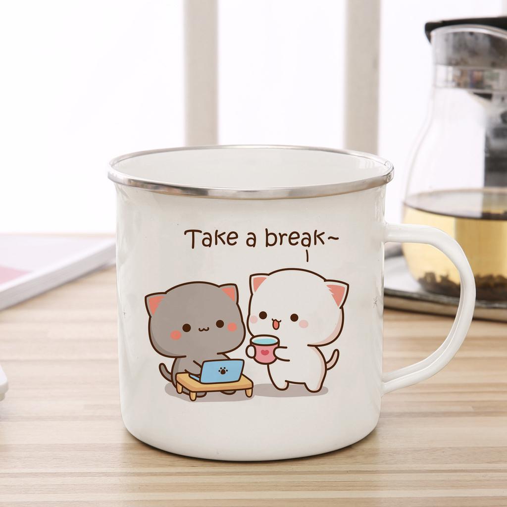 New Peach and Goma Cat Enamel Coffee Tea Cup Cute Animal Breakfast Dessert Milk Water Cup Couple Gift Original Breakfast Cups
