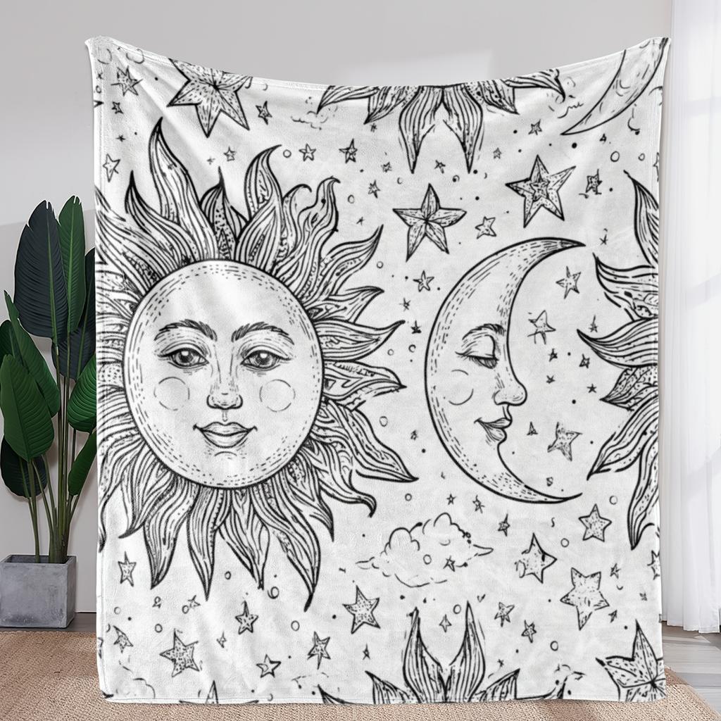 1pc Vintage Sun and Moon Star Blanket, Polyester Fabric, Machine Washable, Suitable for Bedroom Living Room Use