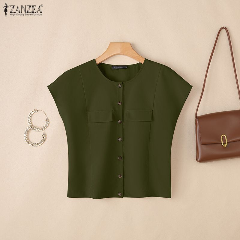 ZANZEA Women Casual Round Neck Solid Color Short Sleeve Blouse