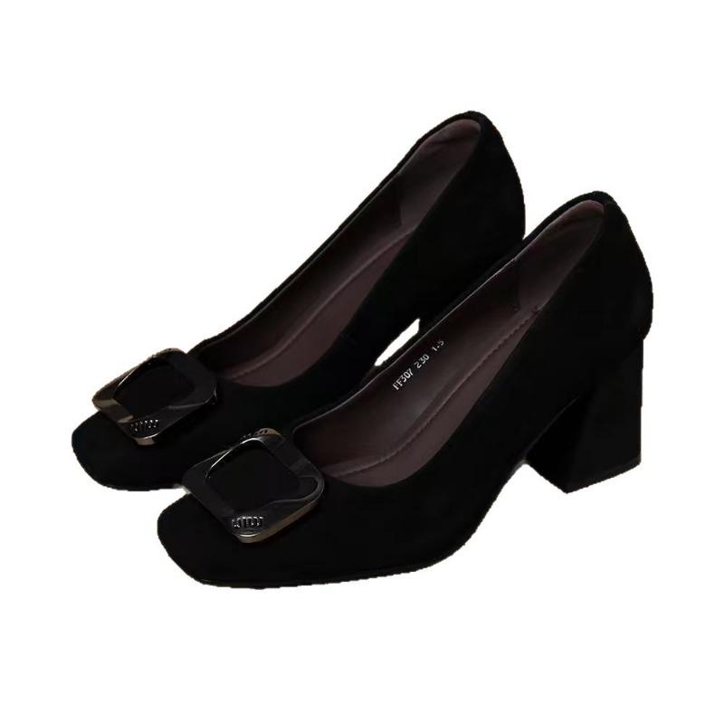 Autumn Fashion Square Buckle Velvet Single Shoes New Temperament Square Head Shallow Mouth Not Tired Feet Thick Heels High Heels Women