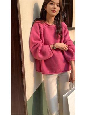Koreanischer Lazy Style Damen Pullover in Unifarben - 2024 Herbst Rundhals, Rollkante, Lockere Strickware