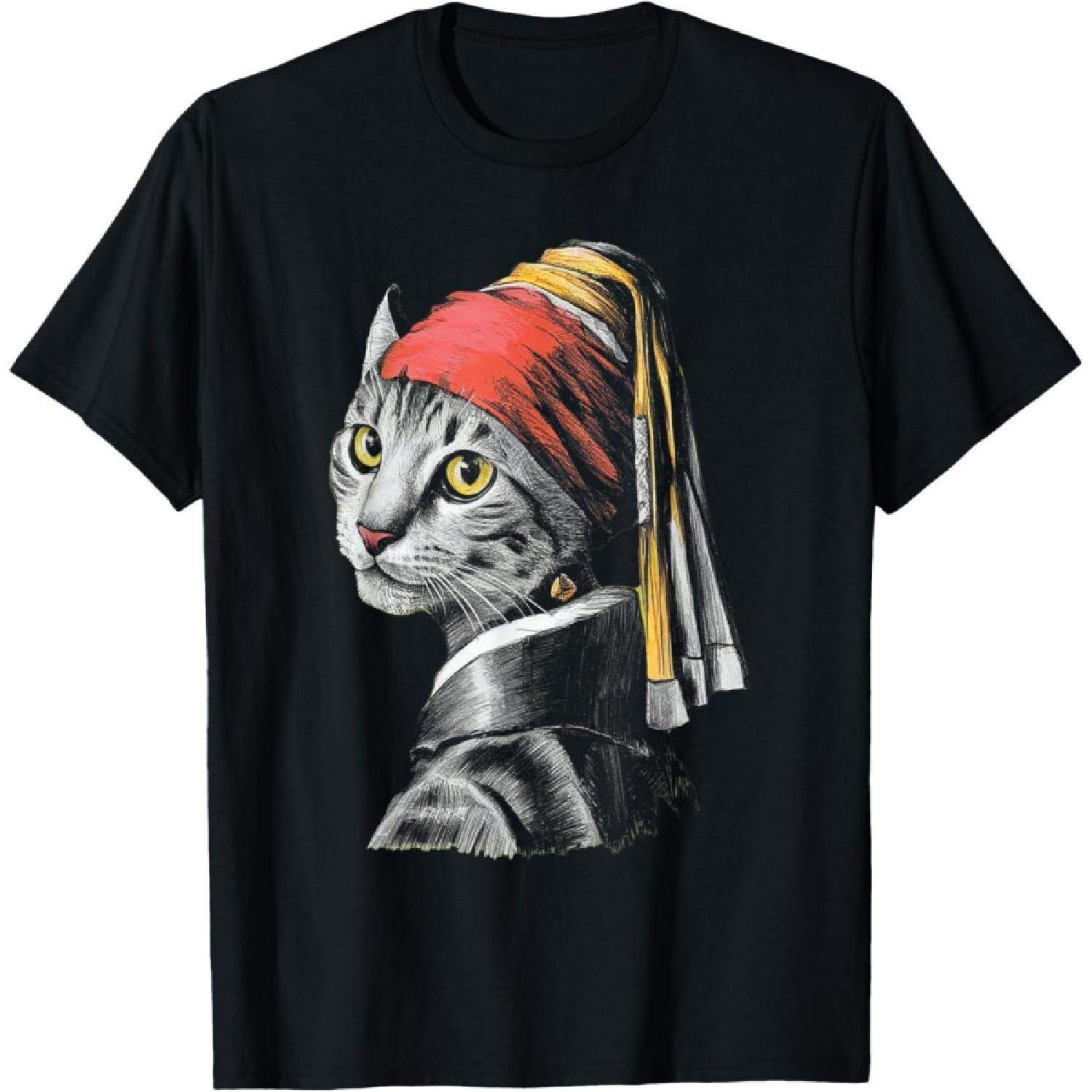 Funny Cat Girl With Pearl Earring Johannes Vermeer Paintings T-Shirt S