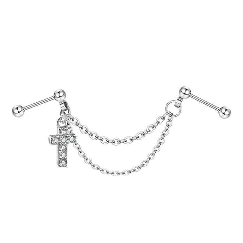 Screw Ball Fashion Piercing Earrings Stainless Steel L Chain Zircon Moon Heart-shaped Earbone Stud