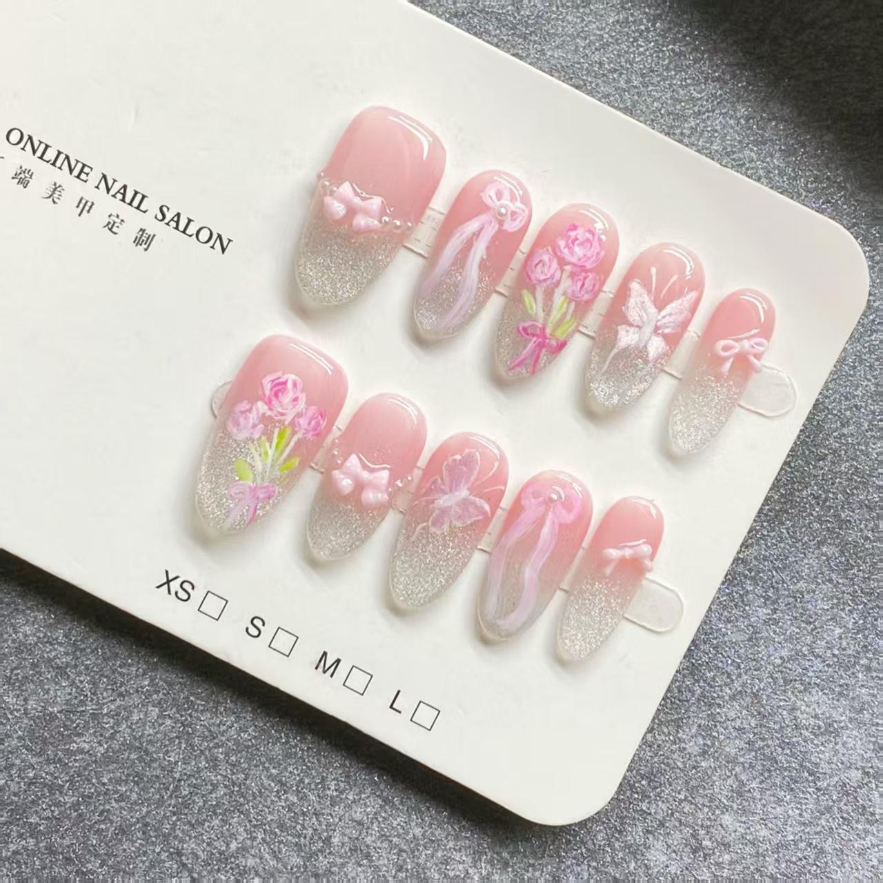 Hand-Painted Floral Medium-Long Nails: Elegant, High-End, and Gentle Extra Small