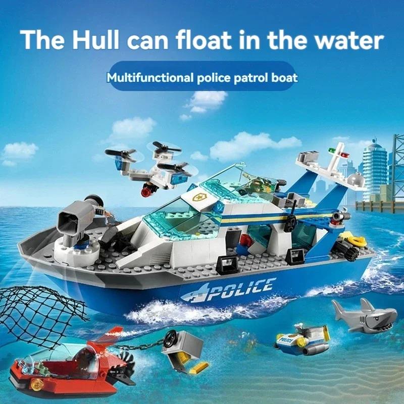 Mattoncini per bambini Serie Città Pattugliatore di Polizia Nave Assemblaggio Gruppo Città barca della polizia MOC Regalo Giocattolo da Assemblare