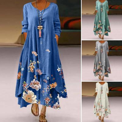 Frühlings- und Herbstkleid mit Taschen, Vintage-Blumendruck, unregelmäßiger Lagensaum, lockeres A-Linien-Maxikleid für die tägliche Arbeitsparty