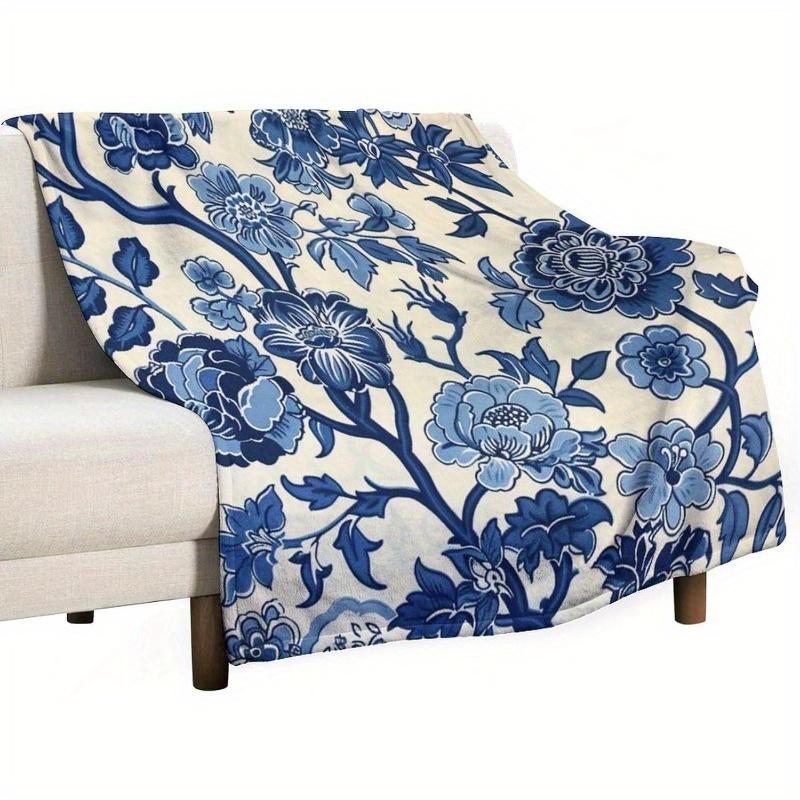 Soft & Cozy Indigo Blue Floral Throw Blanket, Vintage Chinoiserie, Perfect for Travel, Camping, and Home Decor, 75X95CM