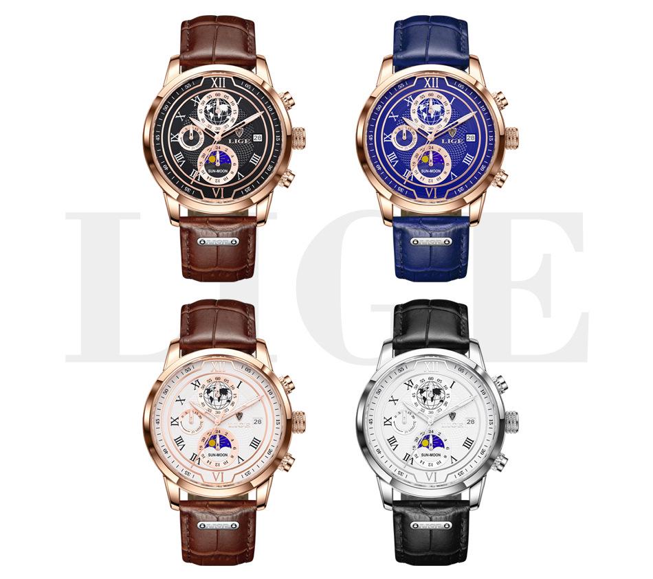 LIGE Men's Quartz Multifunctional Waterproof Watch - Three-Eye Six-Hand Design