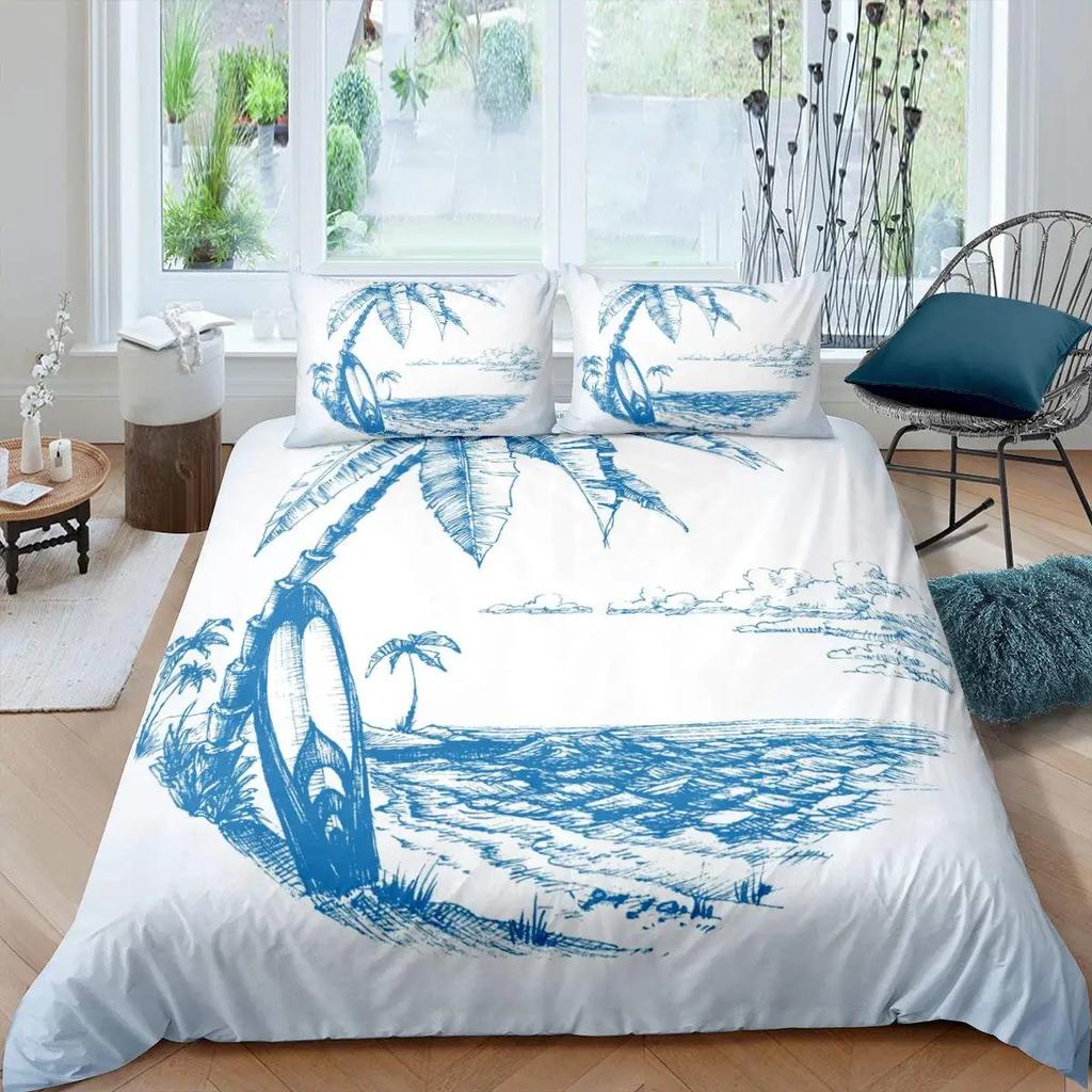 Comforter Tropical Coconut Tree King Queen Surfboard Palm Leaf Bedding Set Summer Ocean Polyester Comforter