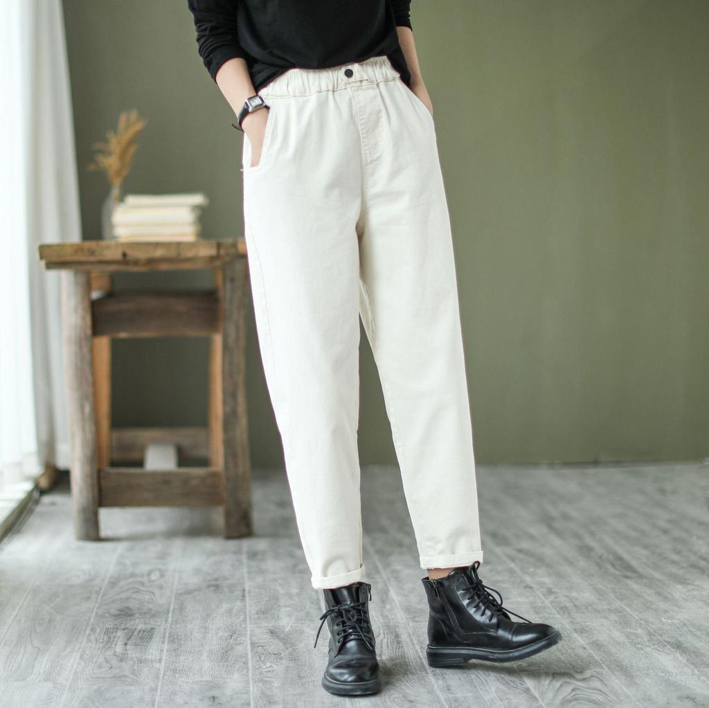 2024 Women's Spring & Autumn Retro Harem Pants, Elastic Waist, Loose Fit, Plus Size, Pure Cotton Carrot Pants