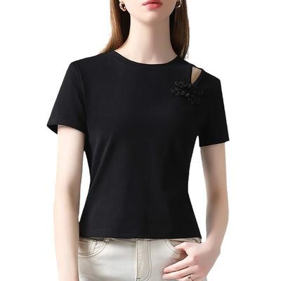 New Chinese Short-sleeved T-shirt for Women New Women's Retro Buckle Solid Color Cotton T-shirt Design Sense Hollow Top