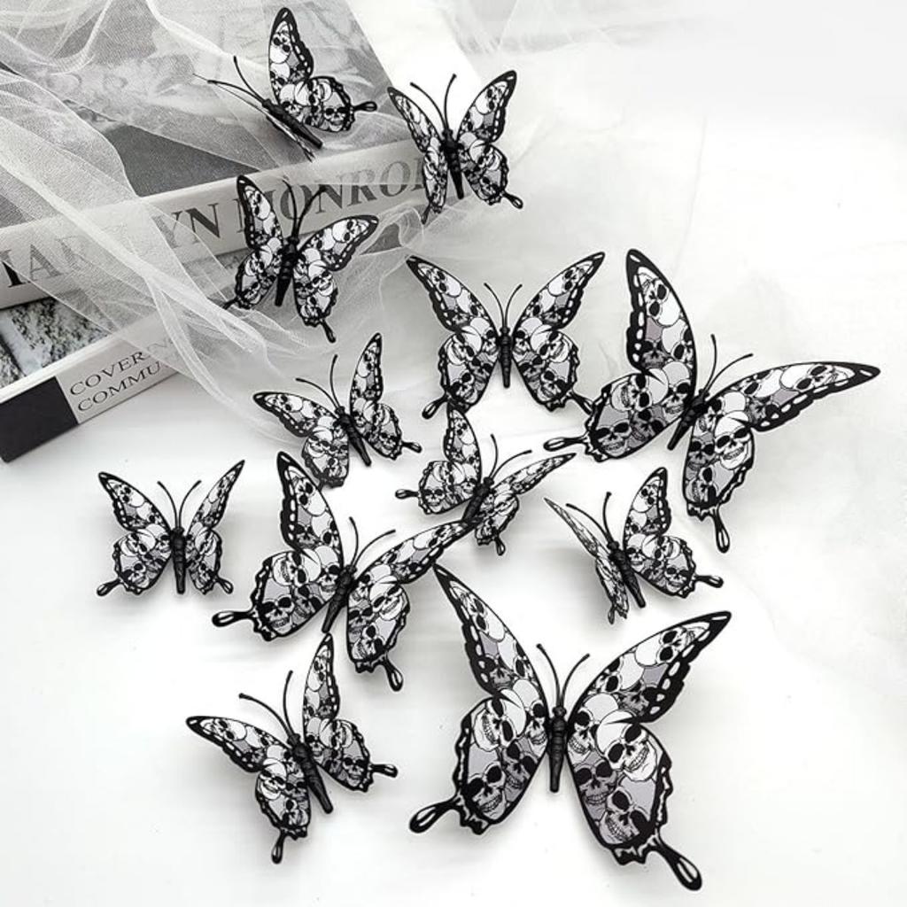 12pcs Halloween Butterfly Wall Sticker with Skull Design 3D Wall Butterfly Decorations Halloween Decor Room Stickers Butterfly Baby Shower Decorations