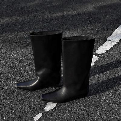 Versiune piele de vacă~ toamnă și iarnă nou temperament versatil cu toc mic cu vârf pătrat simplu cizme medii cu mânecă pentru femei
