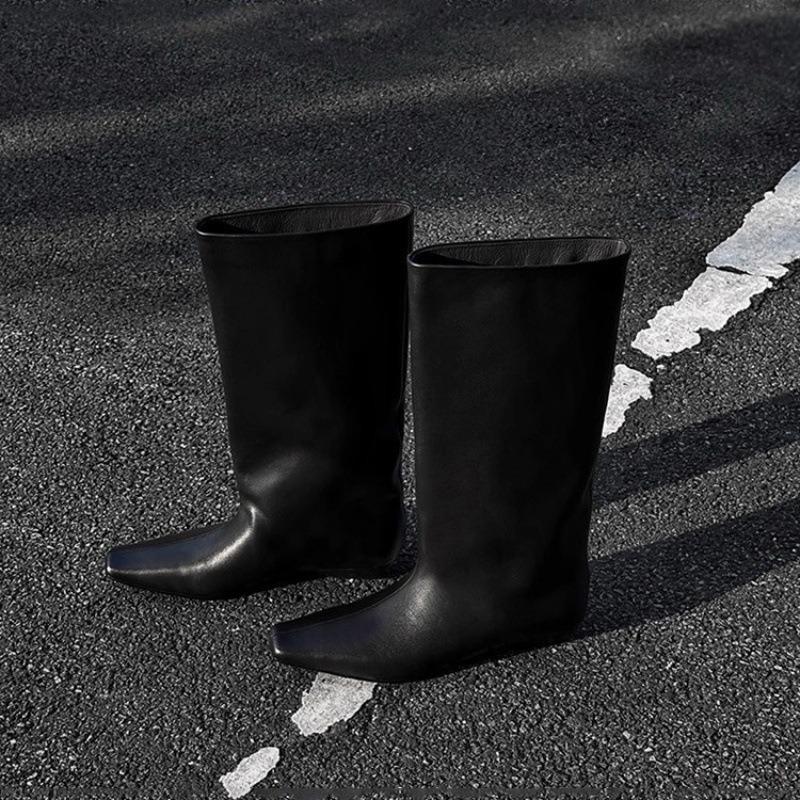 Cowhide version~ autumn and winter new simple square head versatile temperament low heel knight boots women's sleeve medium boots women's