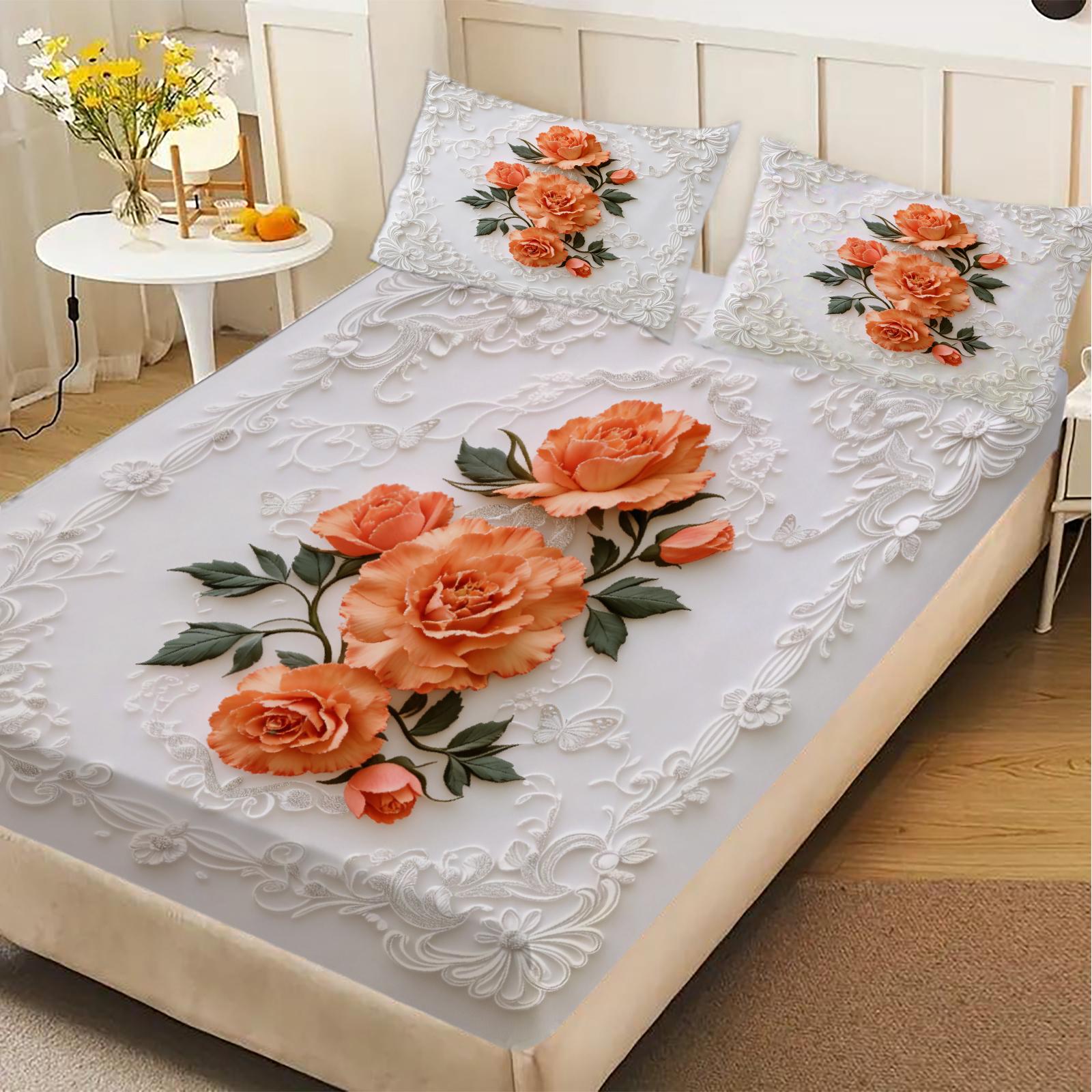 Floral Embroidered Fitted Sheet Set White Orange Rose Pattern Bedding With Pillowcases For Bedroom 150x200x25cm