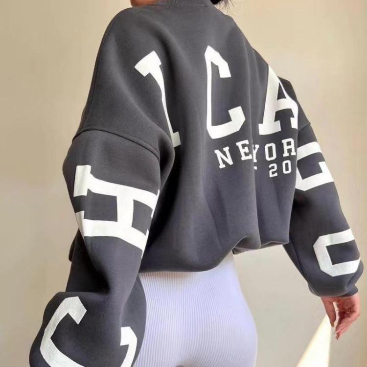 2023 Women's Loose Round Neck Casual Sweatshirt Thick Versatile Letter Print